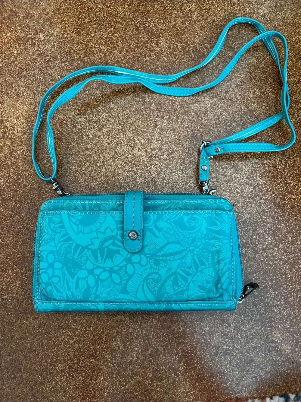 Sakroots Nylon Teal Floral-Print Zip Wallet with Snap Strap